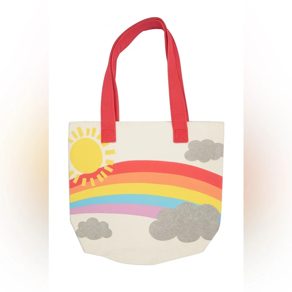 Colorful Rainbow Tote Bag with Pink Handles